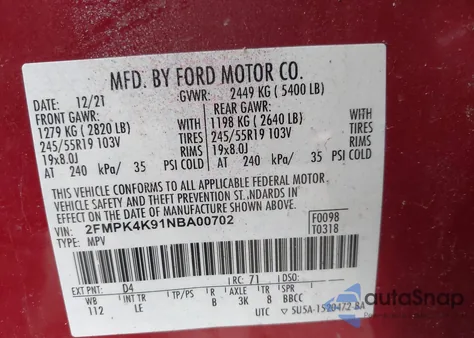 2022 Ford Edge Titanium из США, поврежденный, VIN 2FMPK4K91NBA00702